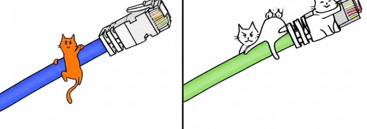 Cat5 vs Cat6 cables: Cartoon cats playfully cling to labeled network cables.