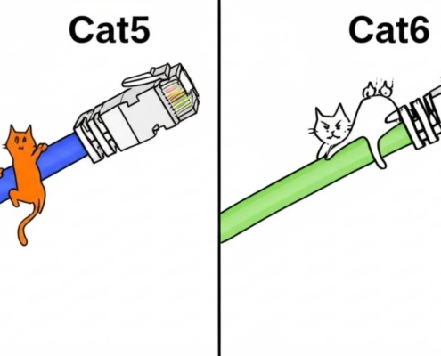 Cat5 vs Cat6 cables: Cartoon cats playfully cling to labeled network cables.