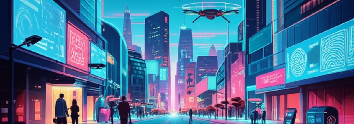 Milton 2025: Futuristic cityscape with advanced security tech and autonomous drones.