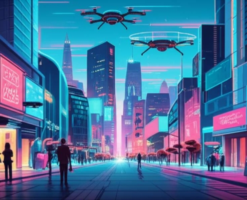 Milton 2025: Futuristic cityscape with advanced security tech and autonomous drones.