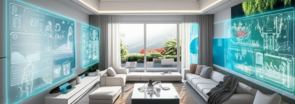 Smart home living room 2025: AI, holographic display, vertical garden, sustainable tech.