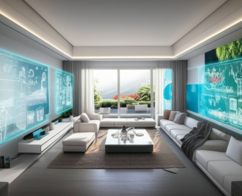 Smart home living room 2025: AI, holographic display, vertical garden, sustainable tech.