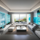 Smart home living room 2025: AI, holographic display, vertical garden, sustainable tech.