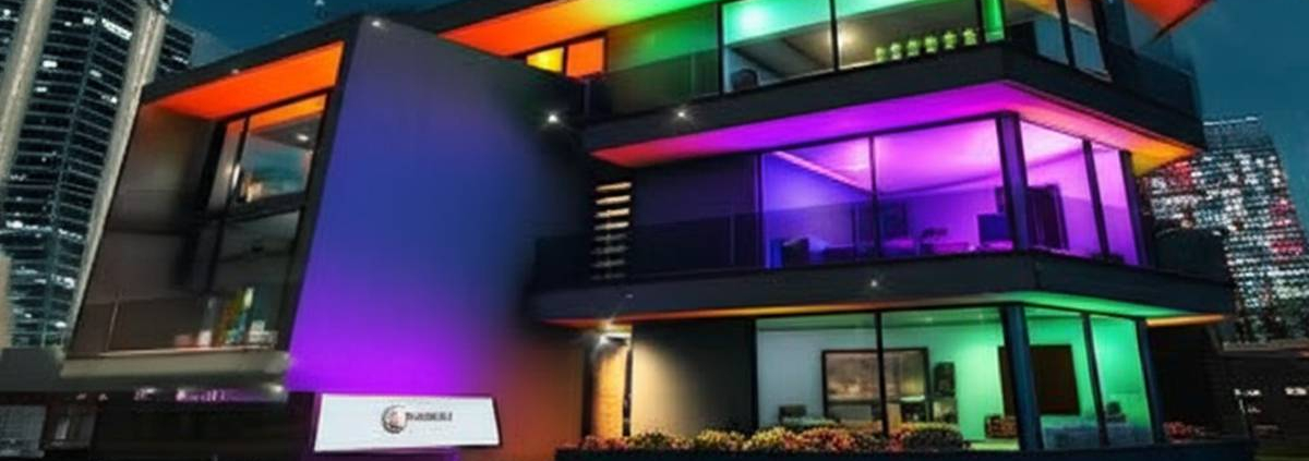 GTA-style luxury home with PowerSol smart lighting, futuristic design, and vibrant colors at night.
