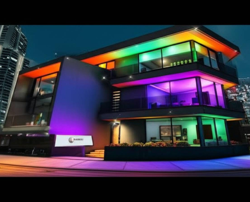 GTA-style luxury home with PowerSol smart lighting, futuristic design, and vibrant colors at night.