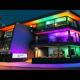 GTA-style luxury home with PowerSol smart lighting, futuristic design, and vibrant colors at night.