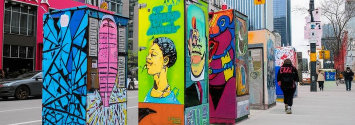 Decorated electrical boxes in Toronto showcasing vibrant public art.