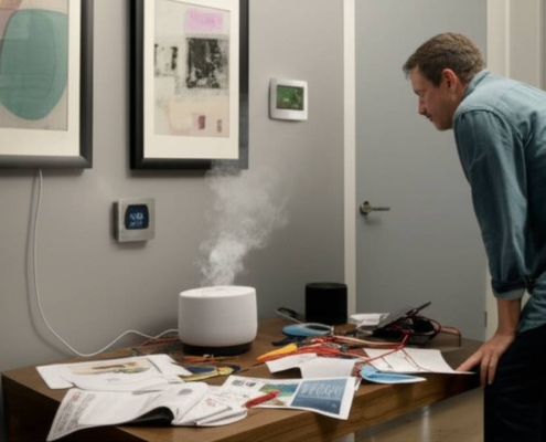 Frustrated homeowner facing malfunctioning smart home tech in Toronto. PowerSol can help!