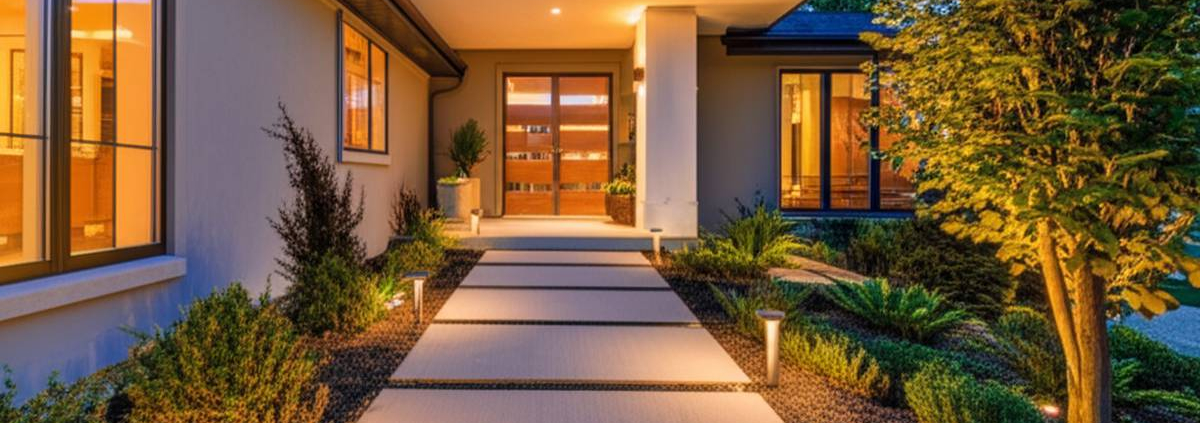 Ontario home exterior with low voltage lighting illuminating pathway.