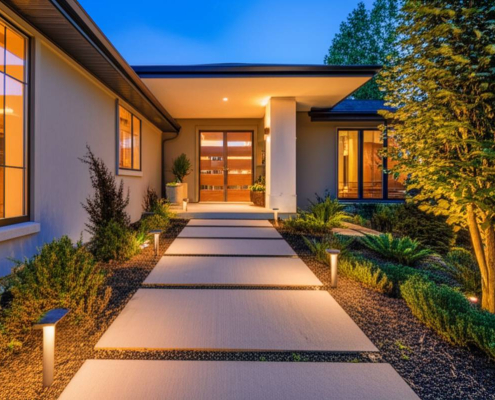 Ontario home exterior with low voltage lighting illuminating pathway.