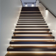 Motion sensor stair lights Toronto: Modern dark wood staircase with soft, diffused lighting.