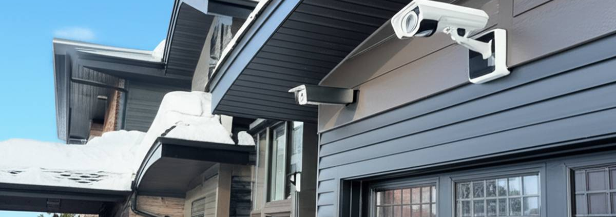 Modern Canadian home with discreet security cameras in winter.