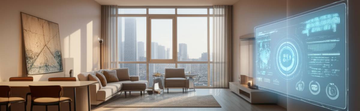Smart home Toronto 2025: futuristic apartment interior with advanced tech.