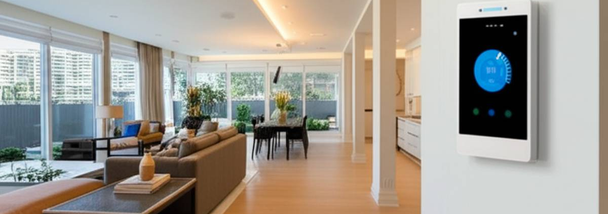 Smart home technology in a modern Toronto home with automated lighting and smart thermostat.
