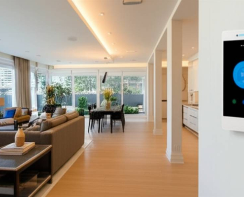 Smart home technology in a modern Toronto home with automated lighting and smart thermostat.
