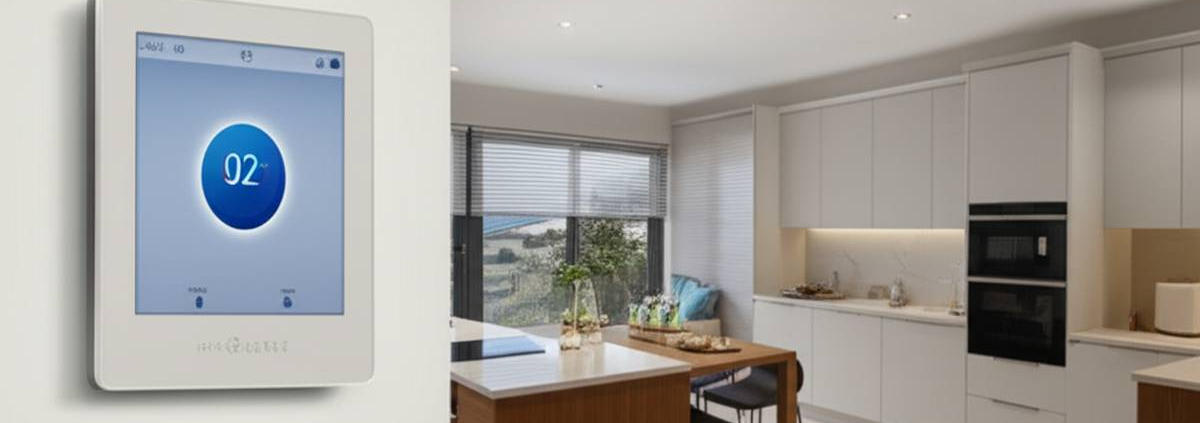 Smart Home Technology Keswick: Modern interior with smart thermostat, voice assistant, & automated blinds.