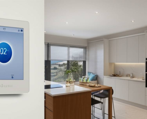 Smart Home Technology Keswick: Modern interior with smart thermostat, voice assistant, & automated blinds.
