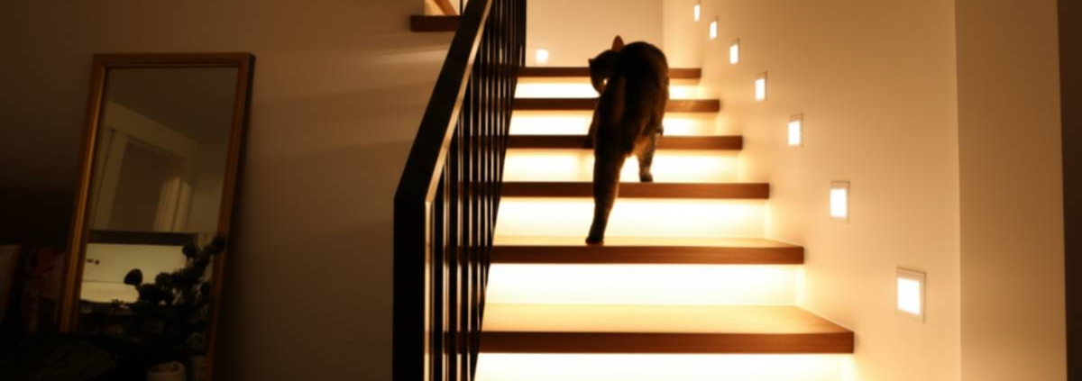 Motion sensor stair lights in modern Canadian home with cat.
