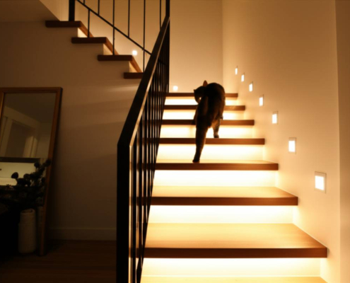 Motion sensor stair lights in modern Canadian home with cat.