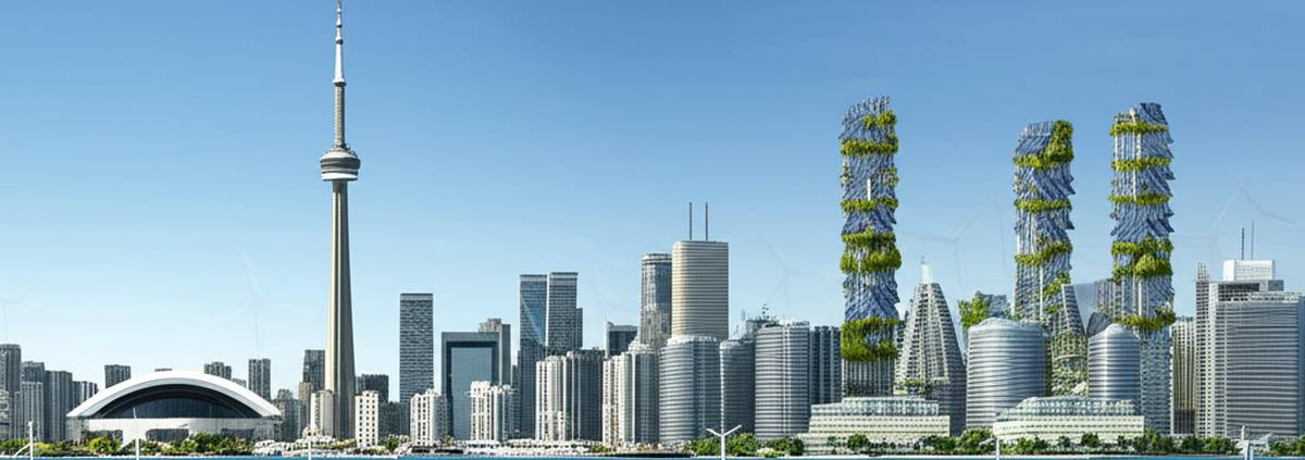 Green energy Toronto: Futuristic cityscape with solar panels and wind turbines.