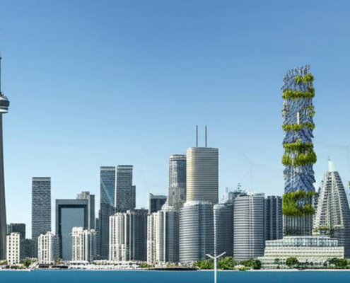 Green energy Toronto: Futuristic cityscape with solar panels and wind turbines.