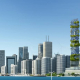Green energy Toronto: Futuristic cityscape with solar panels and wind turbines.