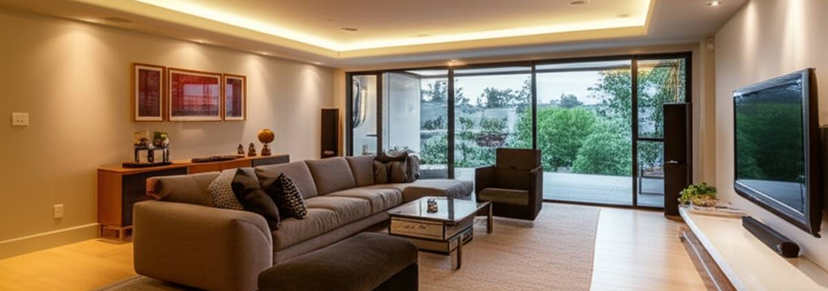 Modern Toronto living room with integrated ceiling speakers and smart lighting.