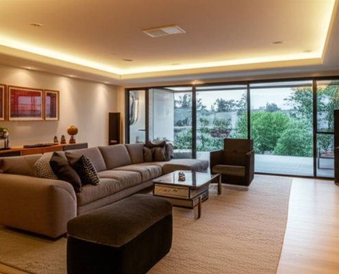 Modern Toronto living room with integrated ceiling speakers and smart lighting.