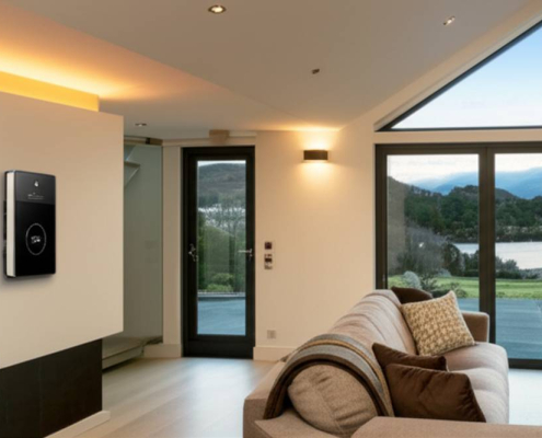 Smart home Keswick living room: Automated lighting, smart thermostat, voice control, scenic Lake District view.