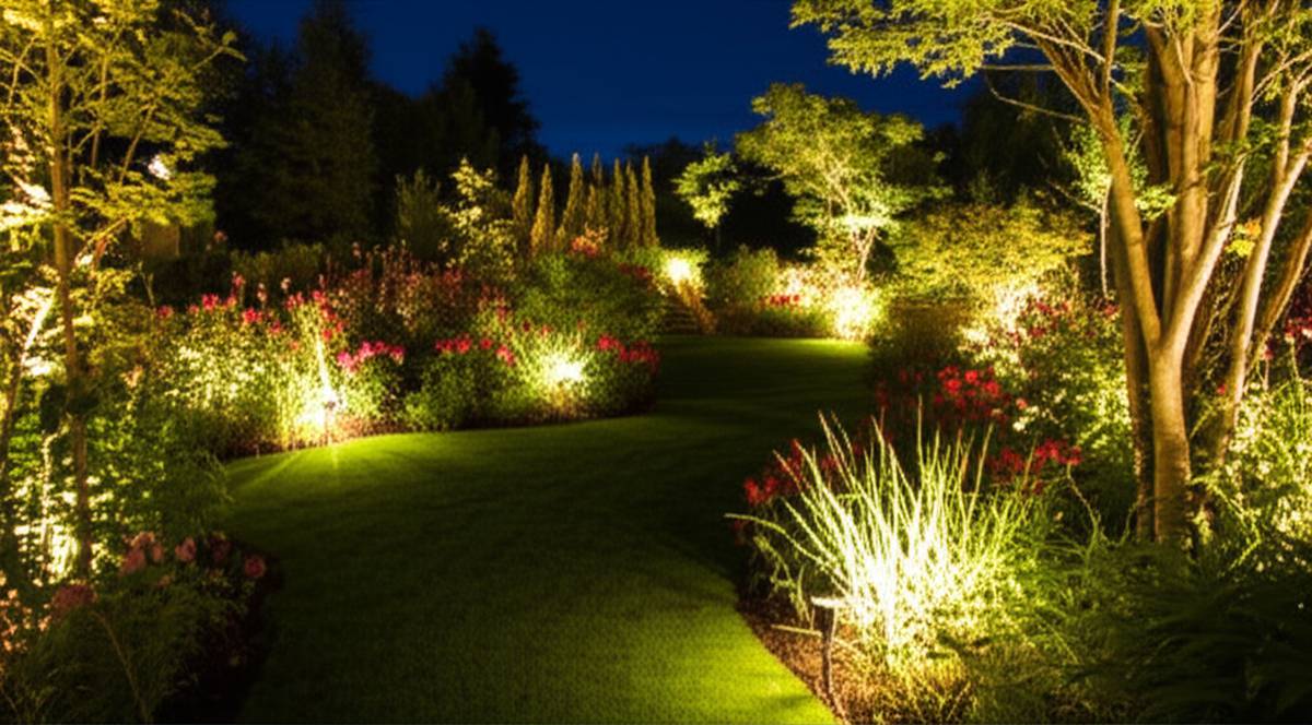 Low voltage lighting enhances a garden at night