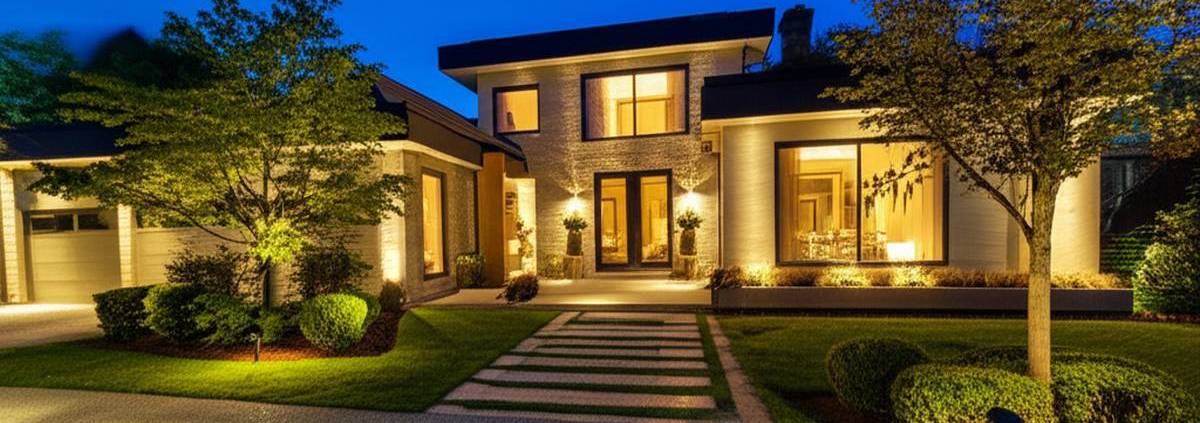 Toronto home exterior with low voltage landscape lighting at dusk.