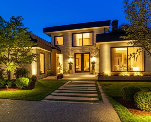 Toronto home exterior with low voltage landscape lighting at dusk.