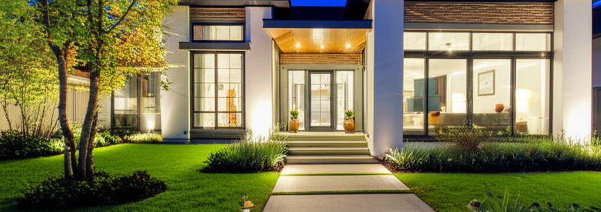 GTA home exterior with low voltage landscape lighting at twilight.