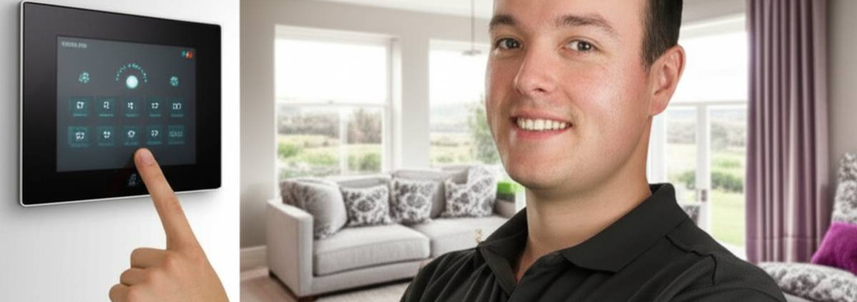 Smart Home Installation Keswick: Control panel, technician, modern living room.