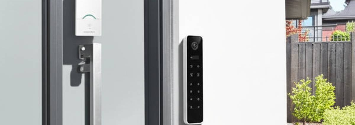 PowerSol Smart Home Security Toronto: Doorbell camera and keypad visible on modern home.
