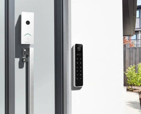PowerSol Smart Home Security Toronto: Doorbell camera and keypad visible on modern home.