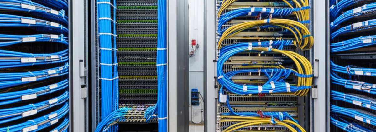 Structured cabling solutions in Toronto data center by PowerSol. Organized ethernet cables and server racks.