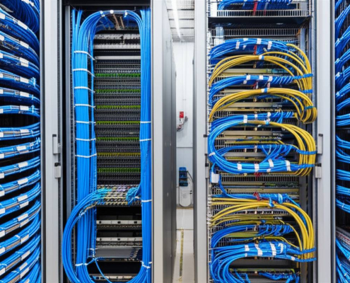 Structured cabling solutions in Toronto data center by PowerSol. Organized ethernet cables and server racks.