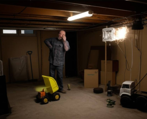 Electrical hazard in Toronto home. Sparks, exposed wiring, and child's toy create a dangerous situation.