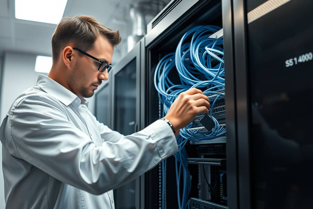 A technician installing network cables, symbolizing expert GTA Low Voltage Services by PowerSol.