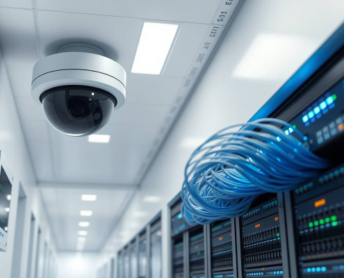 powersol advanced smart building security showcasing integrated IP camera, access control panel, and high-speed fiber optic network.