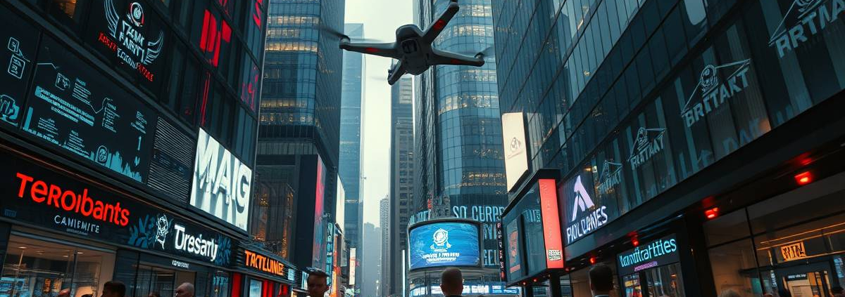 Futuristic Toronto financial district with smart commercial spaces, augmented reality, and drones, representing GTA Smart Home Integration.