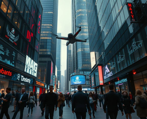 Futuristic Toronto financial district with smart commercial spaces, augmented reality, and drones, representing GTA Smart Home Integration.