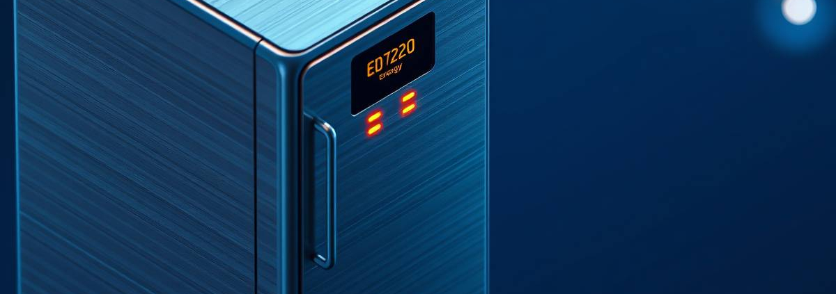 Isometric close-up of a minimalist powersol smart energy storage unit, showcasing BESS for reliable home power.