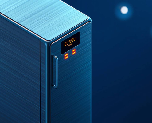 Isometric close-up of a minimalist powersol smart energy storage unit, showcasing BESS for reliable home power.