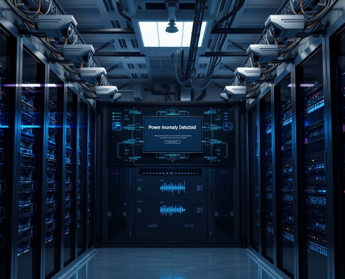 Modern server room control center with advanced tech and a power anomaly alert, illustrating powersol's data security expertise.