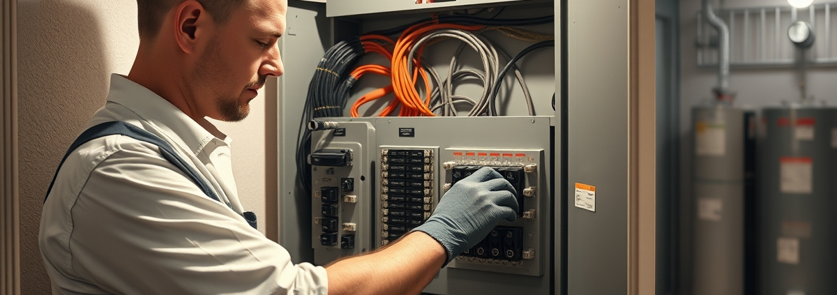 Expert electrician upgrading a modern residential electrical panel in a clean GTA basement, ensuring safe and reliable power.