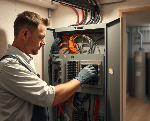 Expert electrician upgrading a modern residential electrical panel in a clean GTA basement, ensuring safe and reliable power.