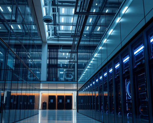 PowerSol advanced low voltage solutions in a futuristic smart building, featuring automation, security, and solar energy integration.