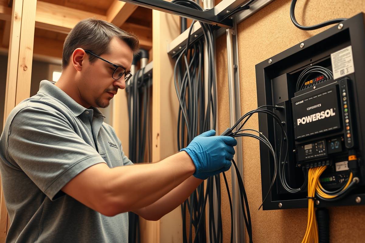 A technician installing low voltage wiring for a smart home system, highlighting PowerSol's expertise in low voltage services GTA.
